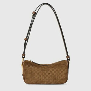 Gucci Half Horsebit GG Suede Leather Shoulder Bag Brown